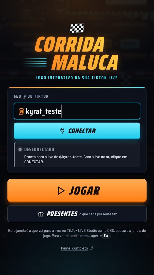 O menu da Corrida Maluca: o @ do TikTok, CONECTAR, JOGAR e PRESENTES